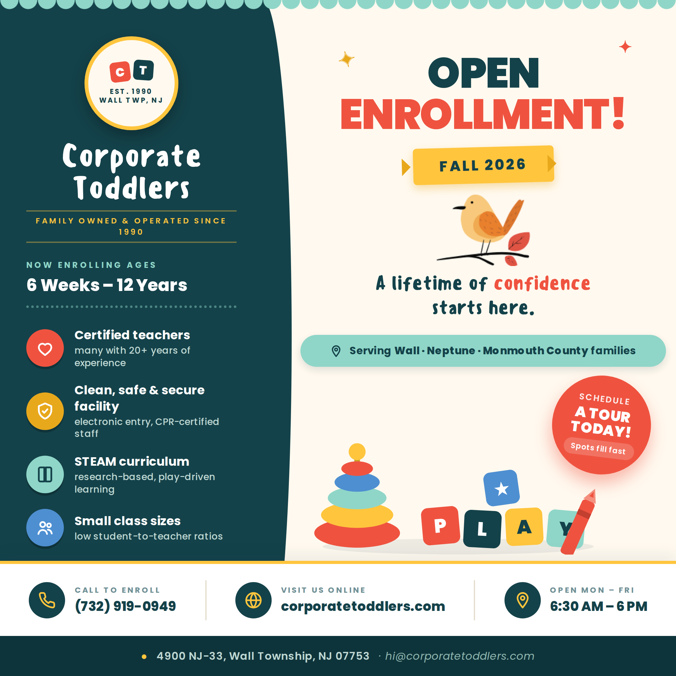 Corporate Toddlers Fall 2026 open enrollment - now enrolling ages 6 weeks to 12 years in Wall Township, NJ